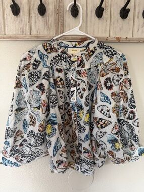 Maeve White Butterfly-Print Peasant Top with Blue, Yellow & Black Accents